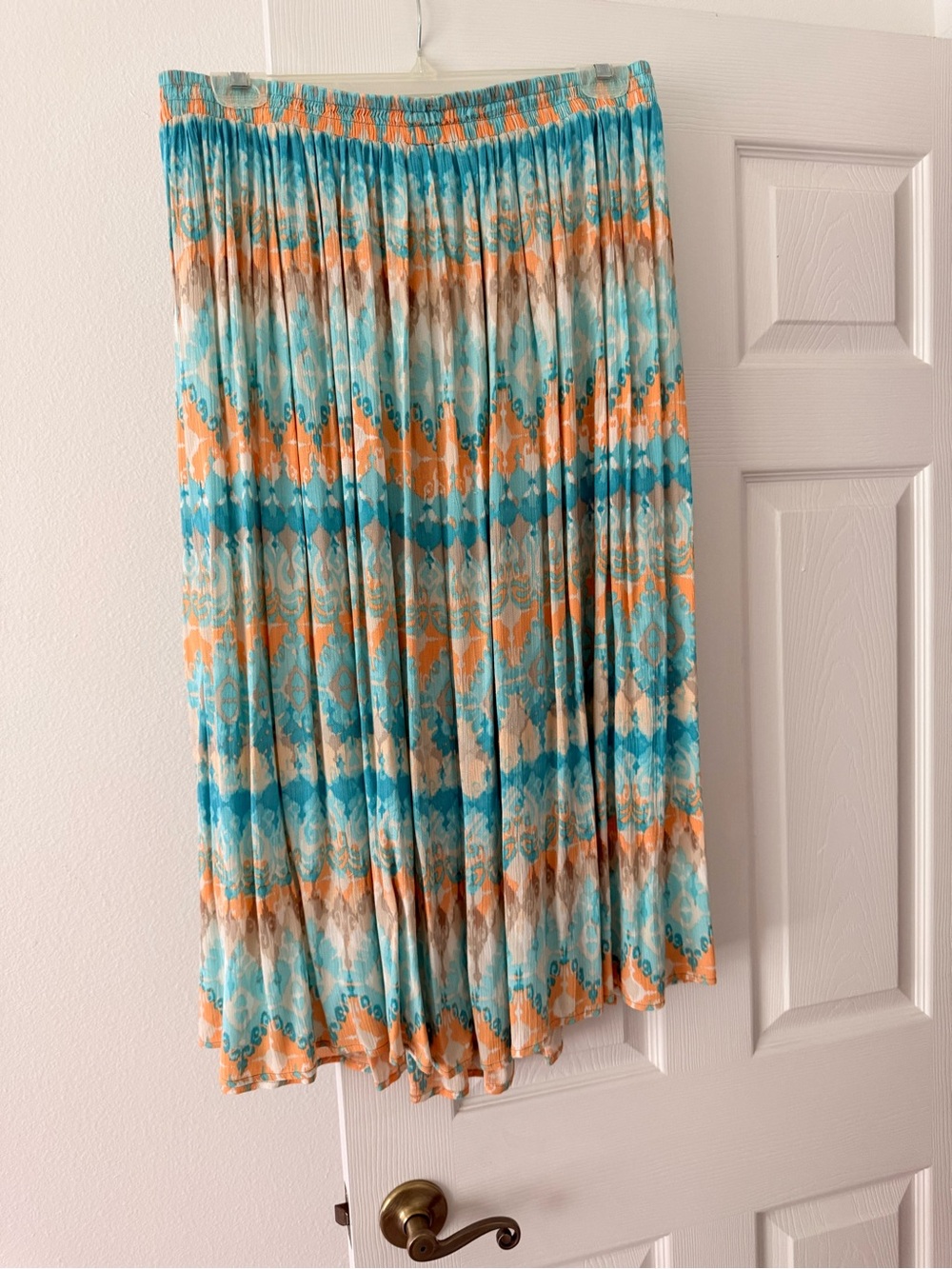Ruby Rd. Pleated Midi Skirt in Teal, Orange and Cream